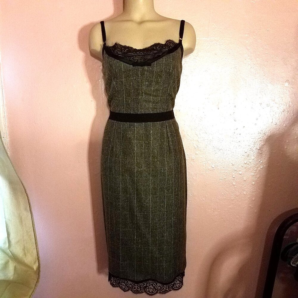 Dolce & Gabbana D&G Stretch Wool Dress w/Black Lace Trim~Green Plaid Tweed 46/10